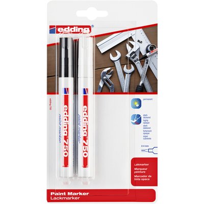 Paintmarker edding 750 op oliebasis 2-4mm wit en zwart blister à 2st