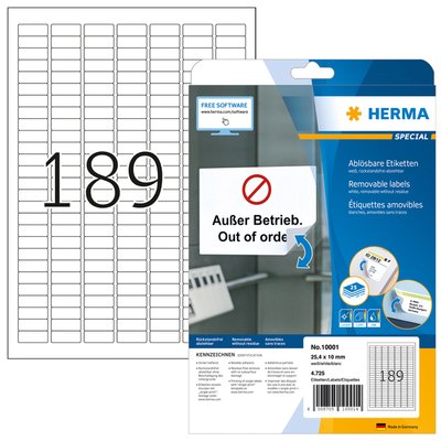 Etiket HERMA 10001 A4 25.4x10mm verwijderbaar wit 4725 stuks