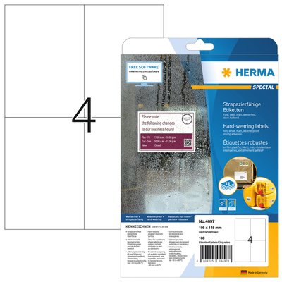Etiquette HERMA 4697 105x148mm A4 résiste aux intempéries blanc