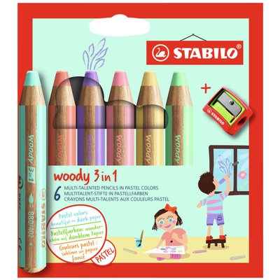 Crayon STABILO 880 Woody set 6 couleurs pastel avec taille-crayon