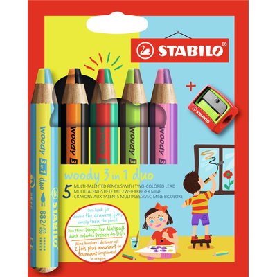 Crayon STABILO 882 Woody 3-en-1 Duo étui 5 pièces + taille-crayon