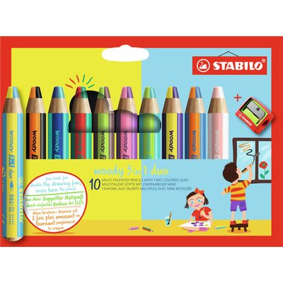 Crayon STABILO 882 Woody 3-en-1 Duo étui 10 pièces + taille-crayon