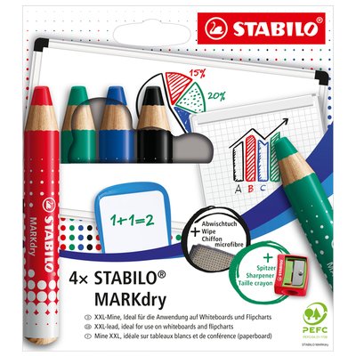 Whiteboardpotlood STABILO MARKdry 648/4 + slijper-microvezel ass 4st