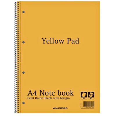 Bloc spirale Aurora Yellow Pad A4 ligné 4 perf 160 pages 80g jaune