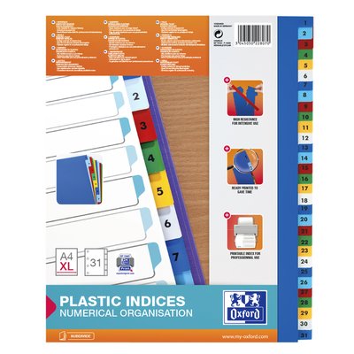 Intercalaire Oxford A4+ 11 perforations 1-31 PP couleur