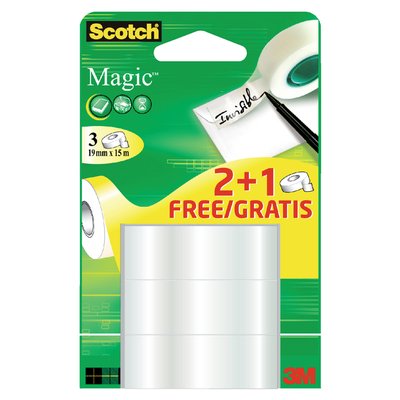 Plakband Scotch Magic 19mmx15m 2+1 gratis onzichtbaar 3 rollen