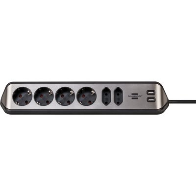 Stekkerdoos Brennenstuhl bureau Estilo 6vdig incl 2 USB 2m zw/zilver