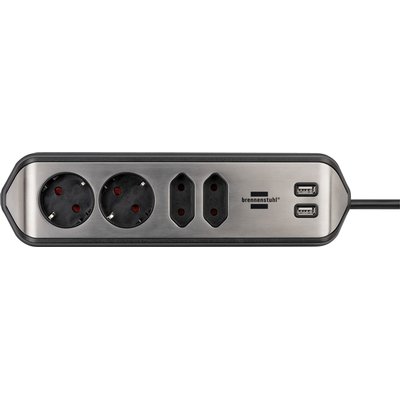 Bloc multiprise Brennenstuhl Estilo 4 prises incl 2 USB 2m noir/argent