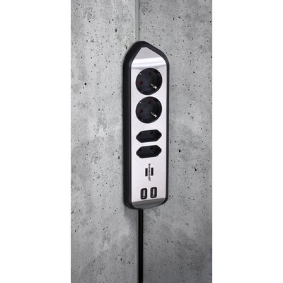 Bloc multiprise Brennenstuhl Estilo 4 prises incl 2 USB 2m noir/argent