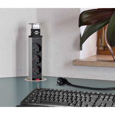 Multiprise Brennenstuhl Tour escamotable 3 prises 2m noir/argent