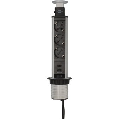 Stekkerdoos Brennenstuhl toren 3vdig incl 2 USB 2 meter zwart/zilver