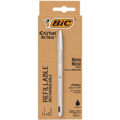 Balpen Bic Cristal Re-new medium zilver + 2 vullingen zwart