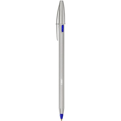 Balpen Bic Cristal Re-new medium zilver + 2 vullingen blauw