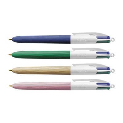 Balpen Bic 4kleuren wood medium assorti