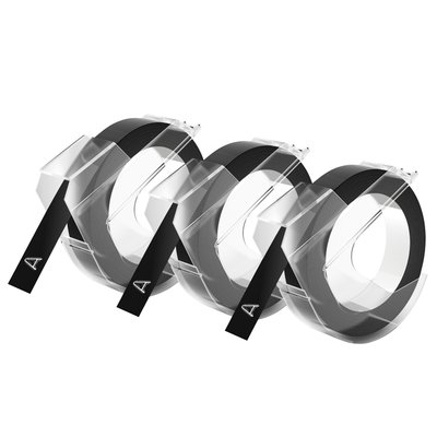 Reliëftape Dymo embossing plastic 9mm zwart op wit 3 stuks