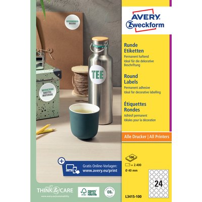 Etiket Avery L3415 rond 40mm wit 2400 stuks