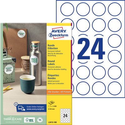 Etiket Avery L3415 rond 40mm wit 2400 stuks