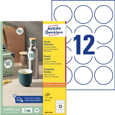 Etiket Avery L3416 rond 60mm wit 1200 stuks