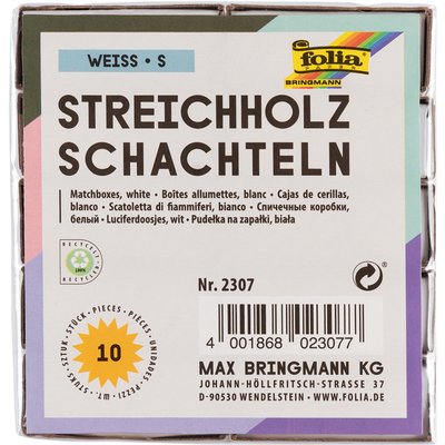 Boîte d'allumettes Folia 53x36x10mm blanc 10 pièces
