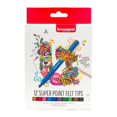 Feutre Bruynzeel Teens Super Point avec effaceur blanc set 12 couleurs