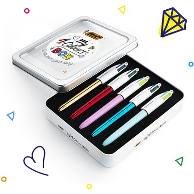 Balpen Bic 4kleuren My Bic medium assorti blik à 5 stuks