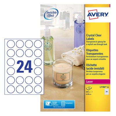 Etiket Avery L7780-25 rond 40mm transparant 600 stuks
