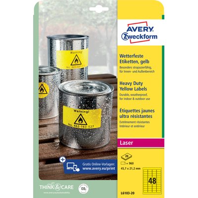 Etiquette Avery L6103-20 45,7x21,2mm jaune 960 pièces