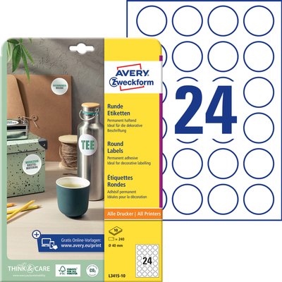 Etiquette Avery L3415-10 ronde 40mm blanc 240 pièces