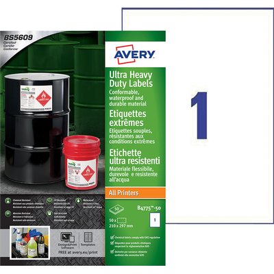 Etiket Avery B4775-50 210x297mm polyethyleen wit 50 stuks