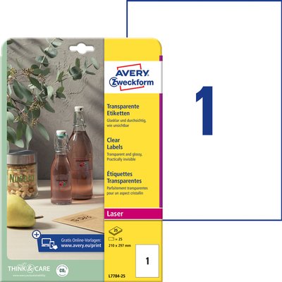 Etiquette Avery L7784-25 210x297mm transparent 25 pièces