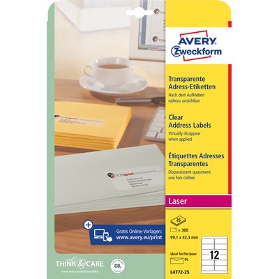 Etiket Avery L4772-25 99.1x42.3 mm transparant mat 300 stuks