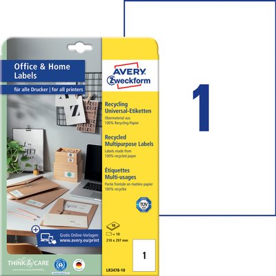 Etiket Avery LR3478-10 210x297mm recycled wit 10 stuks