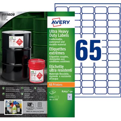 Etiket Avery B7651-50 38x21mm polyethyleen wit 3250 stuks