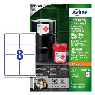 Etiket Avery B3427-50 105x74mm polyethyleen wit 400 stuks