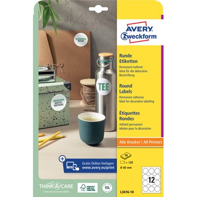Etiket Avery L3416-10 rond 60mm wit 120 stuks