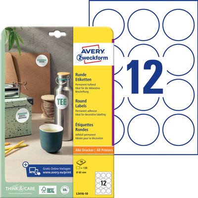 Etiket Avery L3416-10 rond 60mm wit 120 stuks