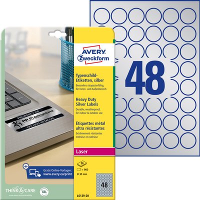 Etiquette Avery L6129-20 ronde 30mm argenté 960 pièces