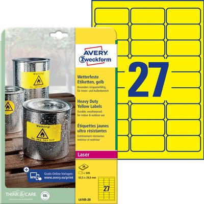 Etiquette Avery L6105-20 63,5x29,6mm jaune 540 pièces