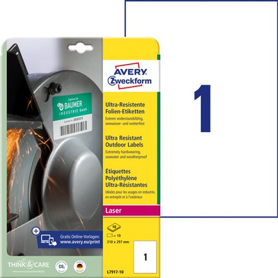 Etiket Avery L7917-10 210x297mm polyethyleen wit 10 stuks