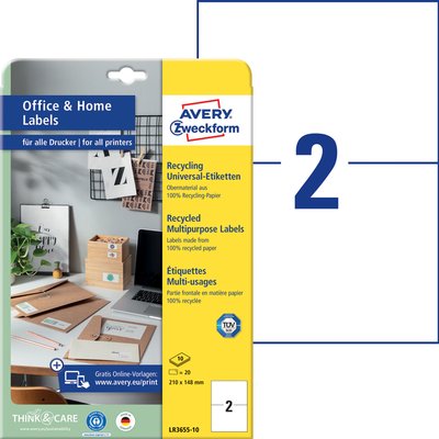 Etiket Avery LR3655-10 210x148mm recycled wit 20 stuks