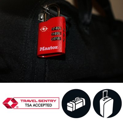 Hangslot Masterlock 3-cijfer combi TSA set van 2 sloten assorti in willekeurige kleur 30mm 2 stuks