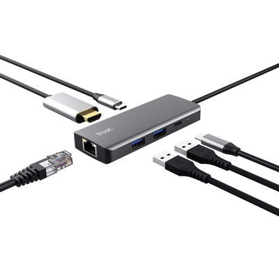 Adapter Trust Dalyx 6-in-1 USB-C multipoort grijs