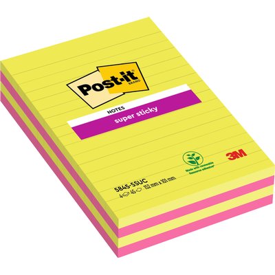 Memoblok 3M Post-it 584 127x203mm Super Sticky lijn assorti kleur 4 stuks