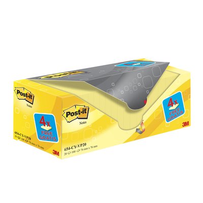 Memoblok 3M Post-it 654 76x76mm geel 16 + 4 gratis