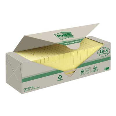 Memoblok 3M Post-it 654 76x76mm recycle geel 18 + 6 gratis