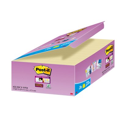 Memoblok 3M Post-it 622 Super Sticky 47.6x47.6mm geel 21 + 3 gratis