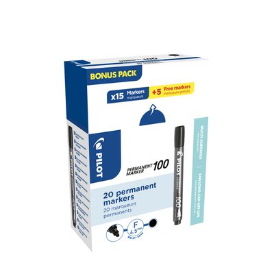 Marqueur PILOT 100 ogive Fin noir boîte 15 + 5 gratuits
