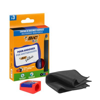 Whiteboardpotlood BicKids Multi Surface + puntenslijper/doekje ass 3st