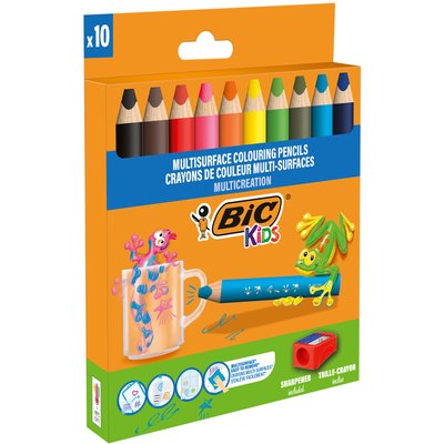Kleurpotloden BicKids Multi Surface + puntenslijper assorti 10 stuks