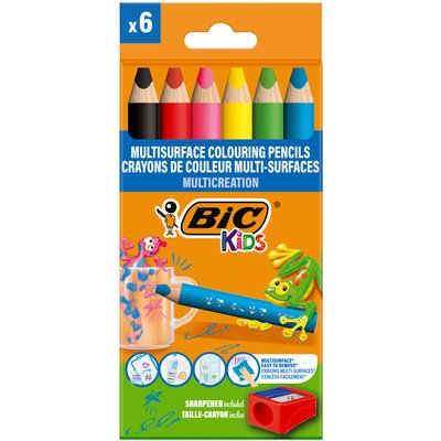 Kleurpotloden BicKids Multi Surface + puntenslijper assorti 6 stuks
